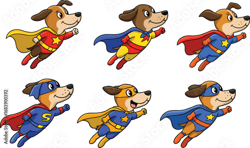 Flying superhero dog cartoon set in colorful costumes with capes, playful pet hero illustration for kids, comics, and educational themes