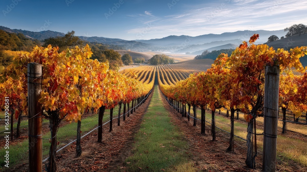 Naklejka premium Fall & Autumn : Vineyard landscape with autumn colors and distant hills.