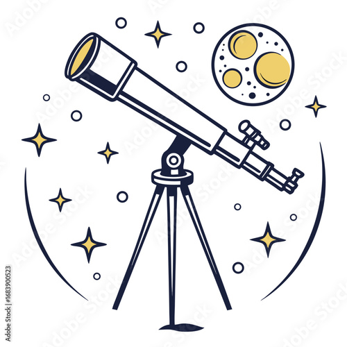 Whimsical Telescope Design Gazing at the Moon and Stars, Perfect for Science Enthusiasts