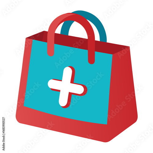 Vector illustration of a shopping bag with a plus symbol for healthcare or pharmacy services