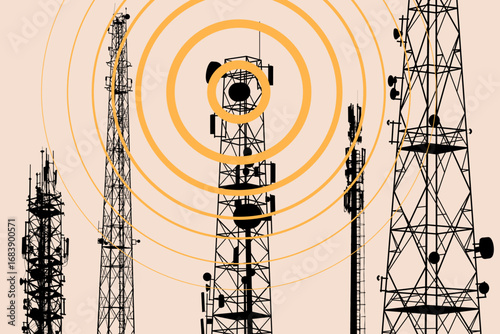 Silhouettes of telecommunication and radio towers emitting waves, concept of telecommunication and broadcasting. Vector illustration