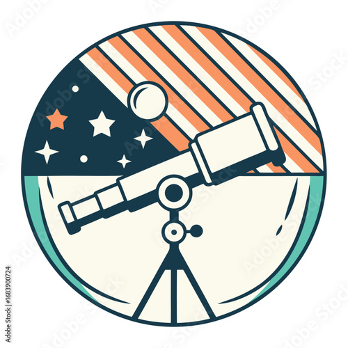 Retro Telescope Badge Emblem with Stripes and Stars Background Astronomy