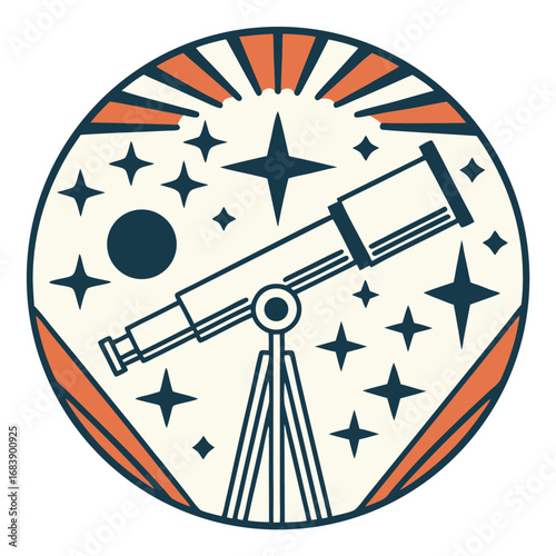 Astro Telescope Exploration Emblem with Stars and Rays Astronomy Themed Design