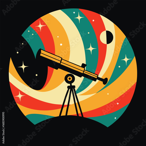 Retro Astronomy Design Featuring a Telescope with Space and Starry Details