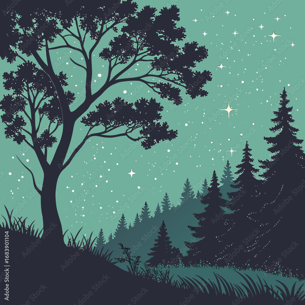 Fototapeta premium Serene starry night forest silhouette vector illustration with majestic trees