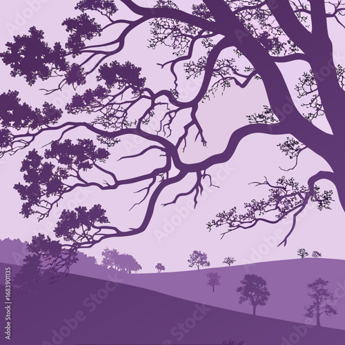Vector illustration of silhouetted tree branches against a tranquil twilight purple sky