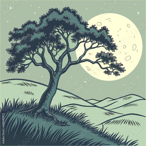 Serene vector illustration of a lone tree on a grassy hill under a glowing full moon
