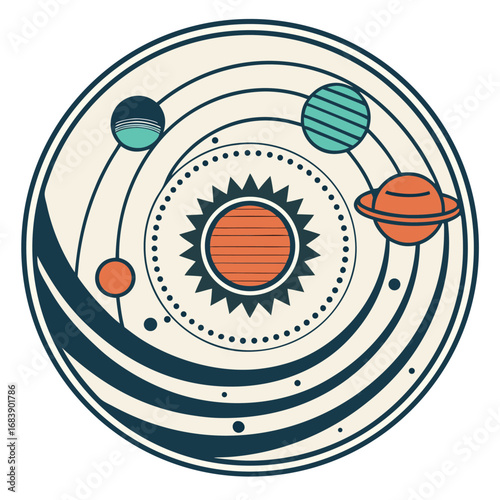 Retro Solar System Illustration with Planets Orbiting the Sun