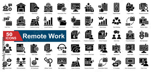 Remote Work icon set featuring modern business tools and productivity aids. Containing cloud sync, time trackers, team chats, online meetings, and digital workflows.