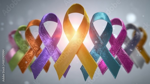 A vibrant array of awareness ribbons, each representing a different cause, stands united against a soft, bokehfilled backdrop, symbolizing hope and support