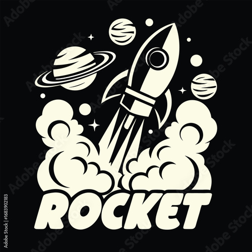 Vintage Rocket Launch Illustration T-Shirt Design for Space Enthusiasts and Science Lovers
