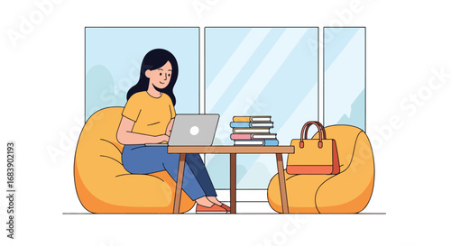 Illustration of a young woman working on a laptop in a café, sitting on a bean bag with coffee and books, symbolizing freelance work, study, and modern digital lifestyle