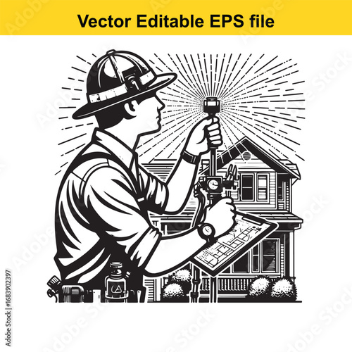 Electrician inspecting house wiring with multimeter and blueprint, vector illustration