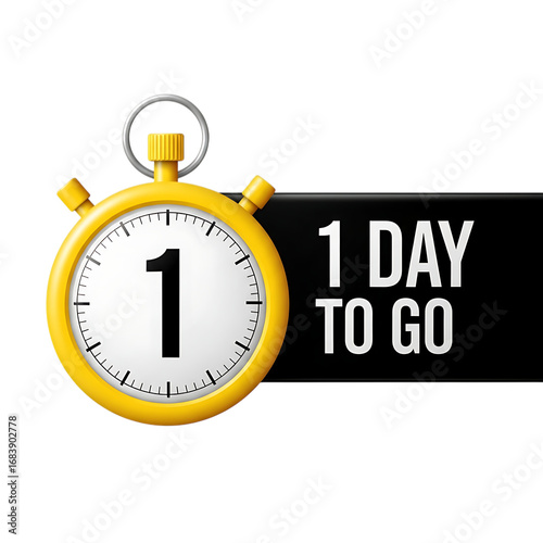 Yellow stopwatch showing 1 day to go, isolated on transparent background