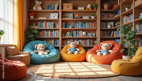 Interior with science kids reading area featuring colorful beanbag chairs and full bookshelves. Science kids enjoying comfortable reading area in library with natural light and teddy bear toys,