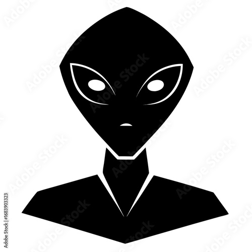 Stylized black silhouette of an alien head and shoulders with large eyes