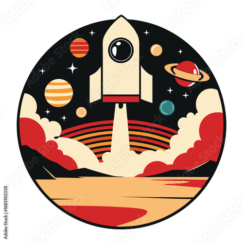 Retro Rocket Launching Into Space Surrounded By Planets and Stars Artwork