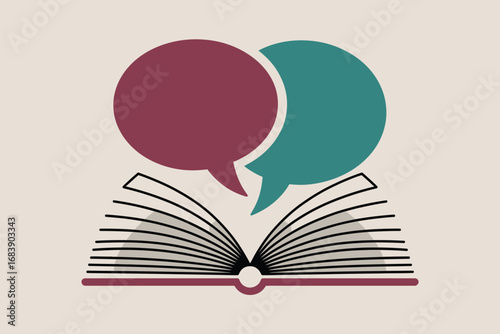 Open book with speech bubbles represents knowledge sharing and communication ideas