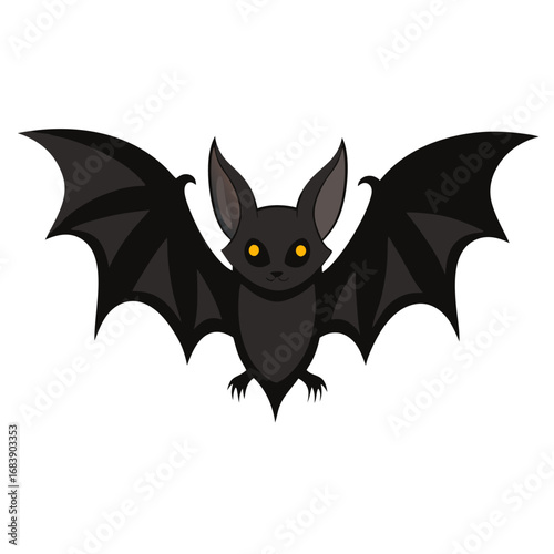 Cute cartoon black bat with glowing yellow eyes and spread wings