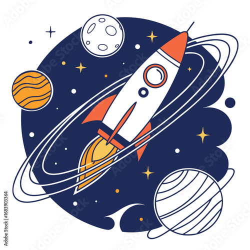 Whimsical Space Adventure Rocket Ship Among Planets and Stars