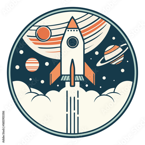 Retro Rocket Launch into Space with Planets and Stars