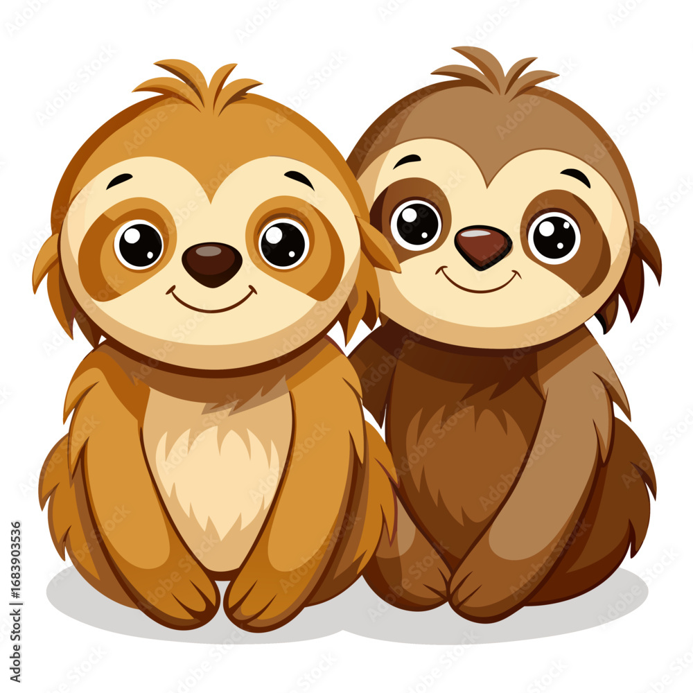 Obraz premium Two cute cartoon sloths sitting together on a white background