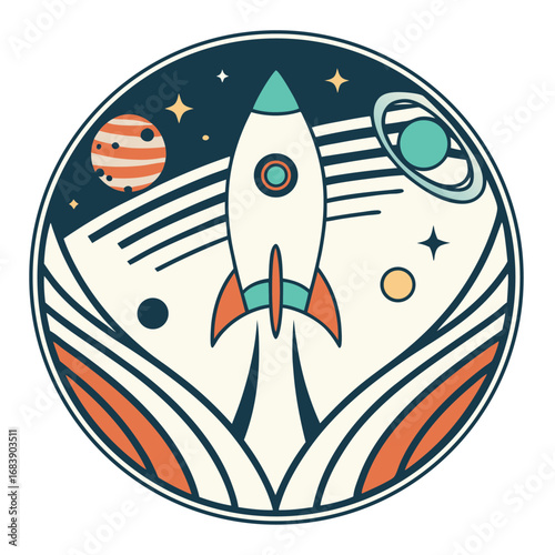 Retro Space Exploration Emblem with Rocket and Planets