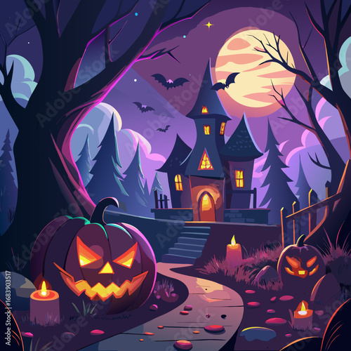 Spooky halloween night with a haunted house jack o lanterns and bats under a full moon