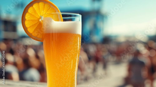 Glass of wheat beer with orange slice garnish on a wooden table at an outdoor music festival with a crowd in the background.