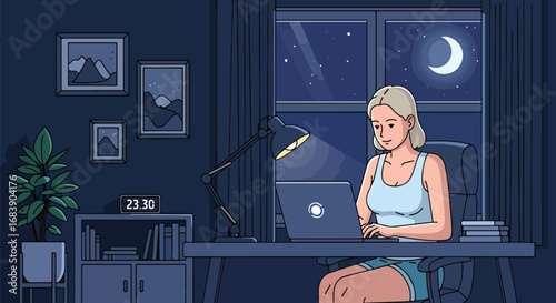 Colorful vector illustration of a woman working late at night on a laptop in a home office with desk lamp and moonlit window, symbolizing productivity, focus, and remote work lifestyle