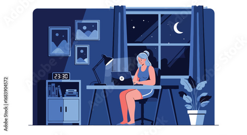 Colorful vector illustration of a woman working late at night on a laptop in a home office with desk lamp and moonlit window, symbolizing productivity, focus, and remote work lifestyle