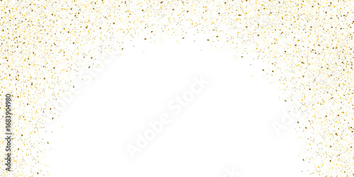 Golden glittering dust particles on white background. Shining falling lights of golden dust. Abstract luxury golden confetti border.	