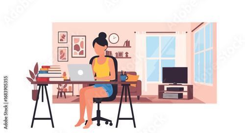 Colorful vector illustration of a woman working on a laptop at home surrounded by books and modern decor, symbolizing remote work, online learning, and creative digital lifestyle