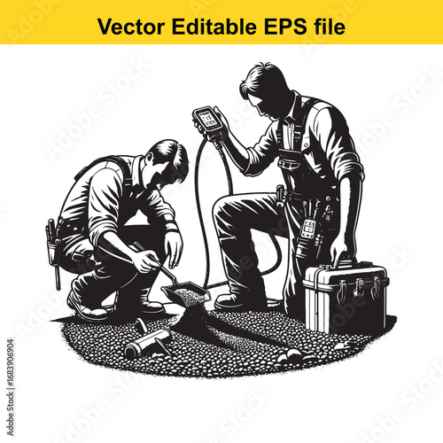 Two electricians working on electrical equipment with tools and meter
