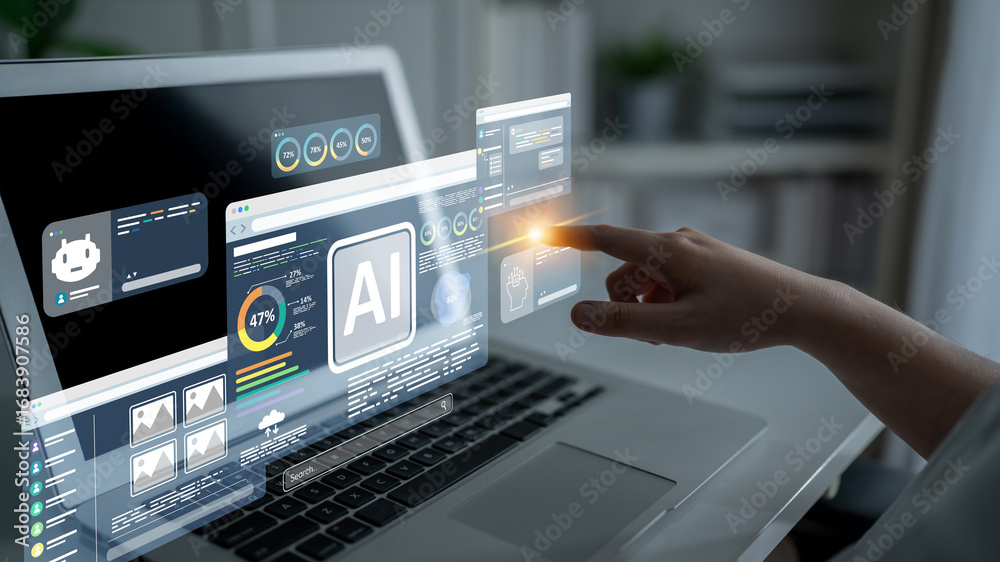 Fototapeta premium AI assistant with LLM, big data, machine learning, and generative AI powers prompt engineering and supports agentic AI for advanced business applications. Latch