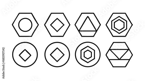 Geometric shapes arranged in two rows featuring hexagons circles triangles and diamonds in black outline