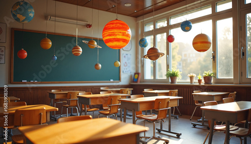 Library kids discover universe in classic classroom with suspended planet models, setting stage for educational journey. Library kids enjoy learning in room decorated with solar system orbs,