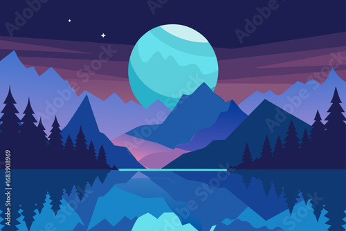 A breathtaking night landscape of snow-capped mountains under a moonlit sky