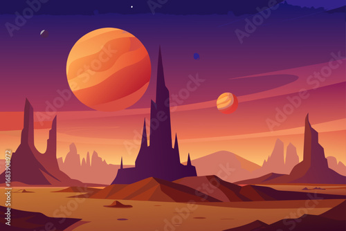 Moon and stars shine over a stunning desert landscape at sunset, with mountains and clouds on the horizon