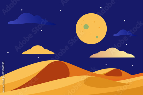 Moon over a tranquil night sea with stars and mountains in the distance