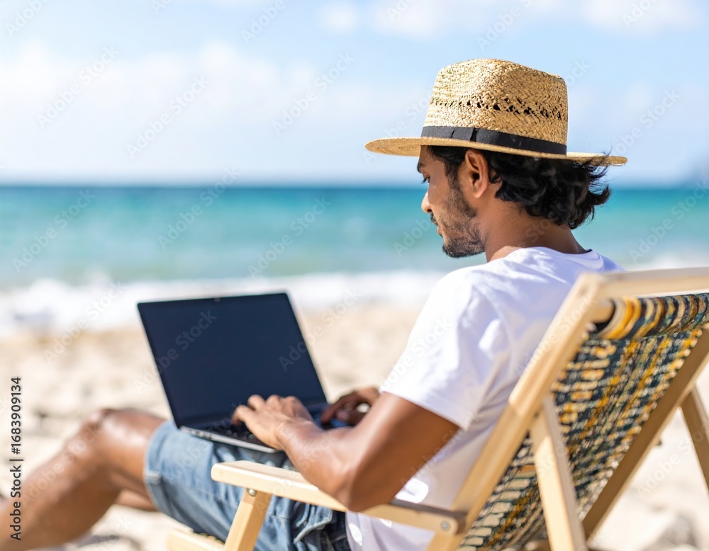 Fototapeta premium Remote Work: Man working on laptop while relaxing at the beach.