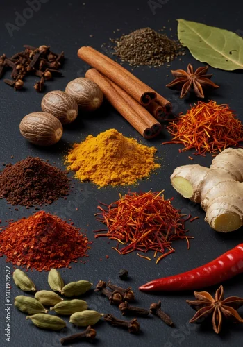 Fototapeta Variety of Spices and Herbs on Dark Background