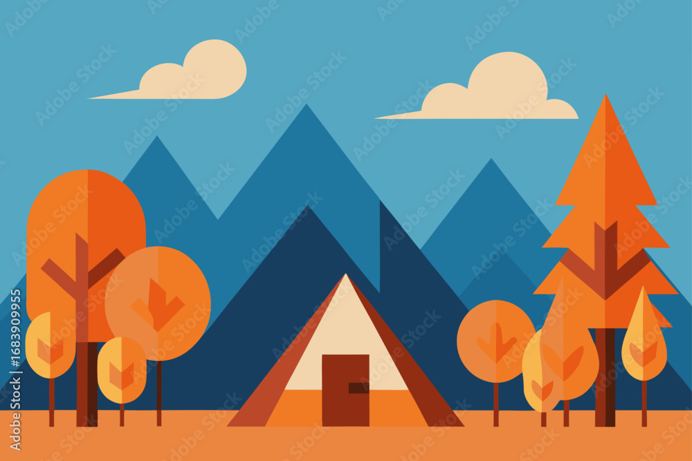 Naklejka premium A vibrant vector illustration of a mountain landscape with trees silhouetted against an orange sunset sky