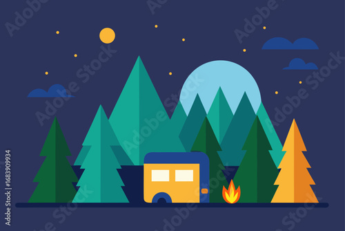 A magical Christmas night landscape with a cozy cottage nestled among snowy trees under a winter moon