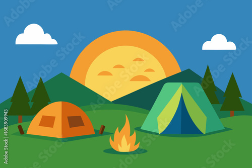 Summer mountain landscape camping with tent and sun in the green forest