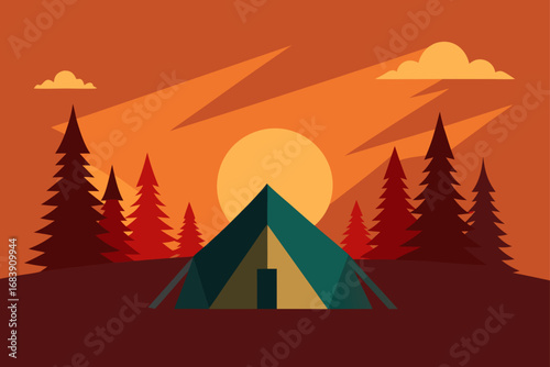 Vector illustration of a camping tent in the mountains at sunset, a serene nature landscape for summer travel design