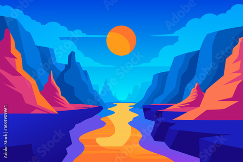 Panoramic view of a vibrant sunrise over the serene mountain landscape with clouds and fog in the valley