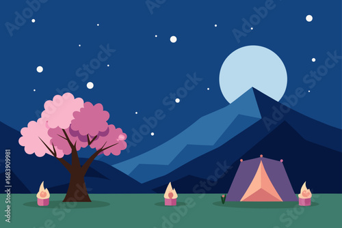 Moonlit winter camping landscape with a mountain tent