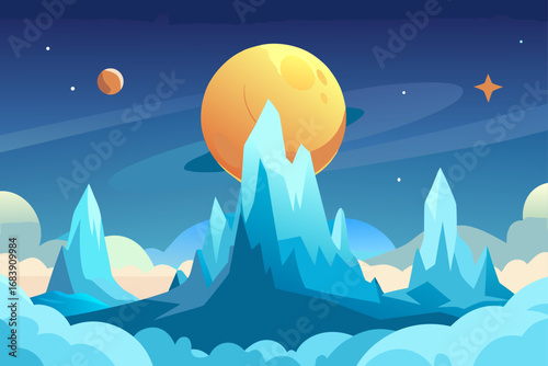 A beautiful night landscape illustration with a full moon and stars over a calm sea, clouds floating above distant mountains