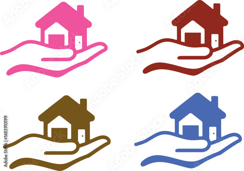 Four colorful house icons in hands representing real estate and home ownership on a white background